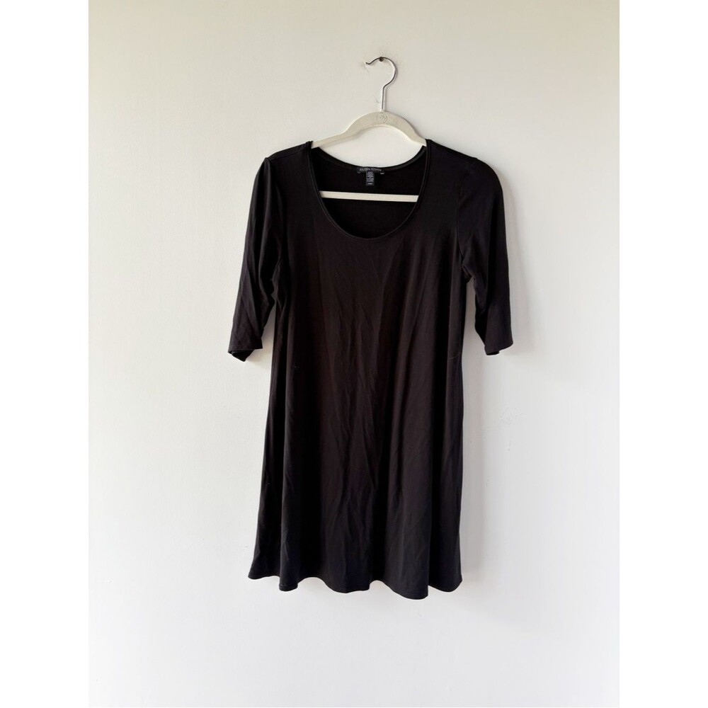Eileen Fisher Black Stretch Jersey Scoop Neck 3/4 Sleeve A Line Dress LBD M